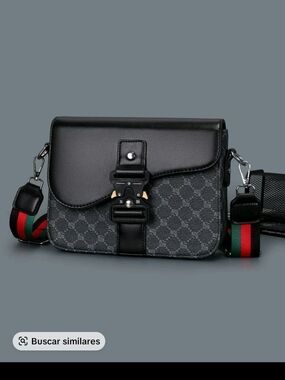 Black Patterned Crossbody Bag with Green-Red Strap